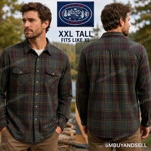 Alpine Trail Mens XXL Tall Plaid Flannel Shirt Green Burgundy Long Sleeve Button